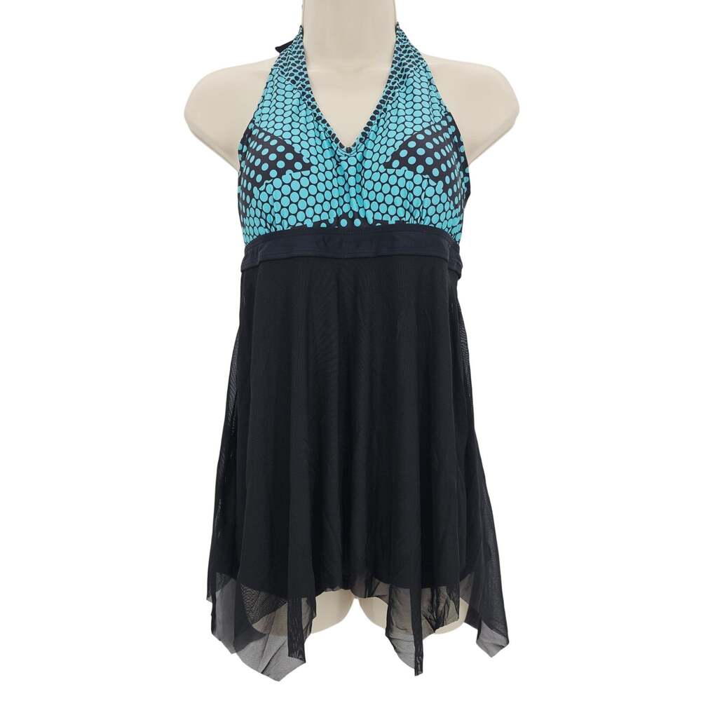 Zando Womans size L Polka Dot Asymmetrical Hem Boylegs Swimdress Black/Teal NWOT
